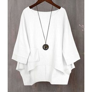 La Mode Women's Cotton Blend White Crewneck Hi-Low Top XL